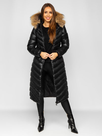 Women's Longline Quilted Winter Coat Jacket with Natural Fur Black Bolf M699