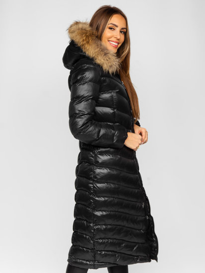 Women's Longline Quilted Winter Coat Jacket with Natural Fur Black Bolf M699