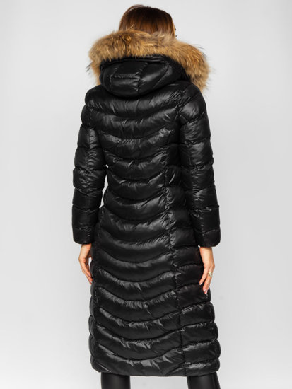 Women's Longline Quilted Winter Coat Jacket with Natural Fur Black Bolf M699