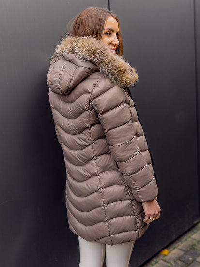 Women's Longline Quilted Winter Coat Jacket with Natural Fur Brown Bolf M688