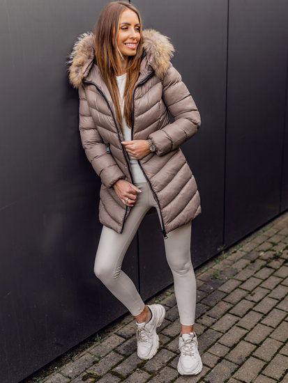 Women's Longline Quilted Winter Coat Jacket with Natural Fur Brown Bolf M688