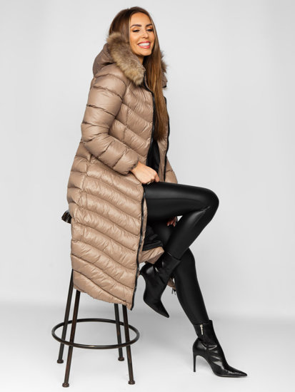 Women's Longline Quilted Winter Coat Jacket with Natural Fur Brown Bolf M699