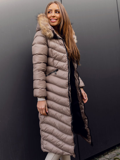 Women's Longline Quilted Winter Coat Jacket with Natural Fur Brown Bolf M699