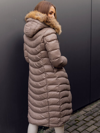 Women's Longline Quilted Winter Coat Jacket with Natural Fur Brown Bolf M699