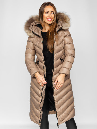 Women's Longline Quilted Winter Coat Jacket with Natural Fur Brown Bolf M699