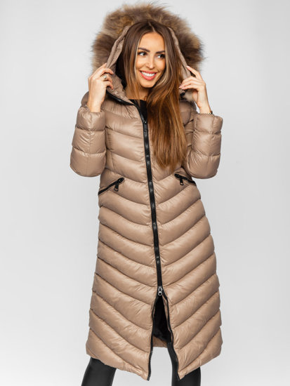 Women's Longline Quilted Winter Coat Jacket with Natural Fur Brown Bolf M699