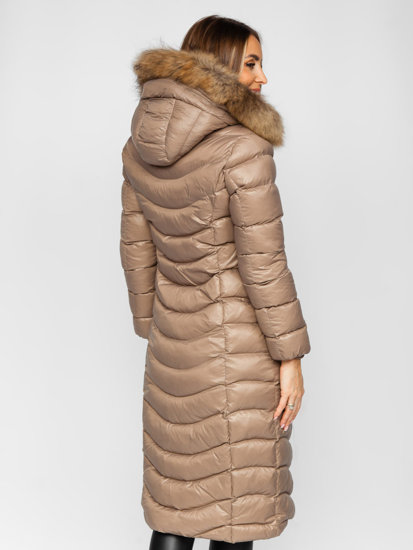 Women's Longline Quilted Winter Coat Jacket with Natural Fur Brown Bolf M699