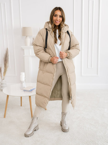 Women's Longline Quilted Winter Coat Jacket with hood Beige Bolf 5M3163