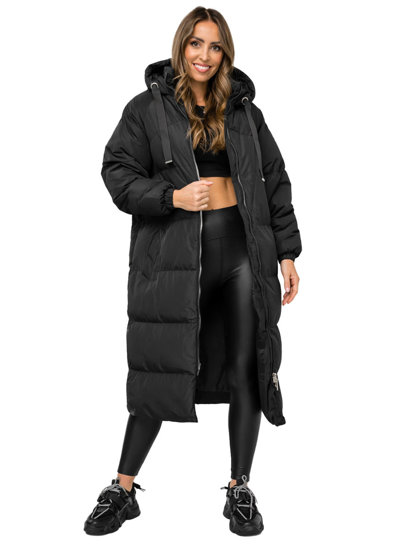 Women's Longline Quilted Winter Coat Jacket with hood Black Bolf 5M3163