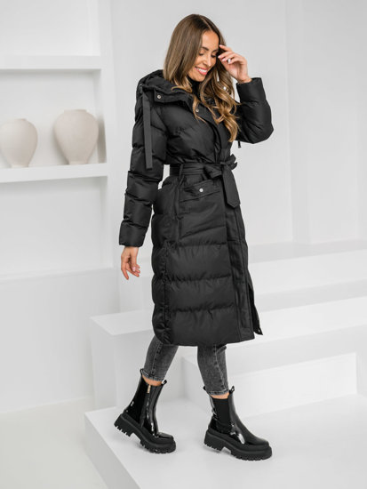 Women's Longline Quilted Winter Coat Jacket with hood Black Bolf 5M3178