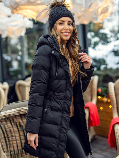 Women's Longline Quilted Winter Coat Jacket with hood Black Bolf 7086A