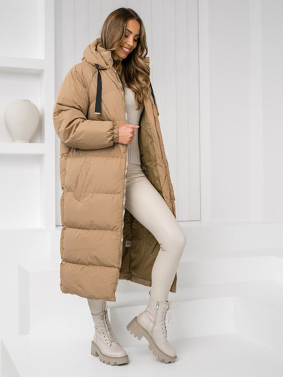 Women's Longline Quilted Winter Coat Jacket with hood Camel Bolf 5M3163