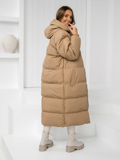 Women's Longline Quilted Winter Coat Jacket with hood Camel Bolf 5M3163