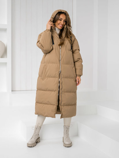 Women's Longline Quilted Winter Coat Jacket with hood Camel Bolf 5M3163