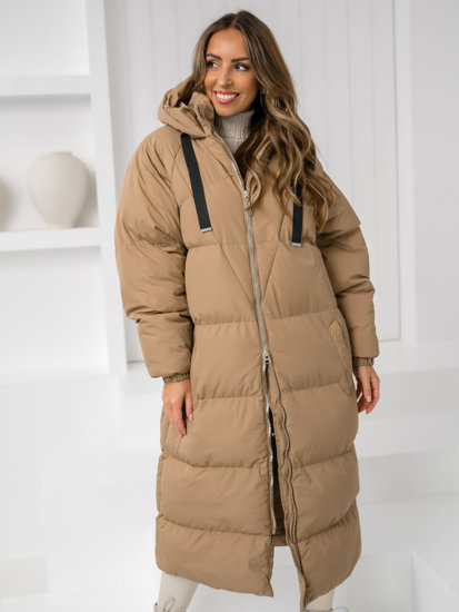 Women's Longline Quilted Winter Coat Jacket with hood Camel Bolf 5M3163