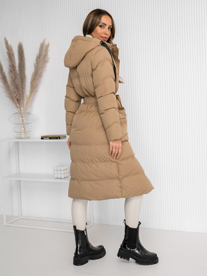 Women's Longline Quilted Winter Coat Jacket with hood Camel Bolf 5M3178