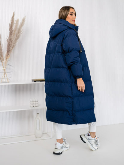 Women's Longline Quilted Winter Coat Jacket with hood Navy Blue Bolf 5M3163