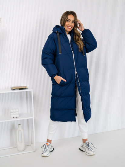 Women's Longline Quilted Winter Coat Jacket with hood Navy Blue Bolf 5M3163