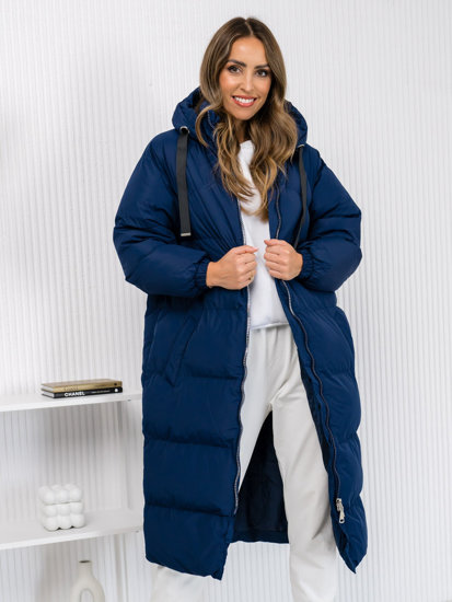 Women's Longline Quilted Winter Coat Jacket with hood Navy Blue Bolf 5M3163