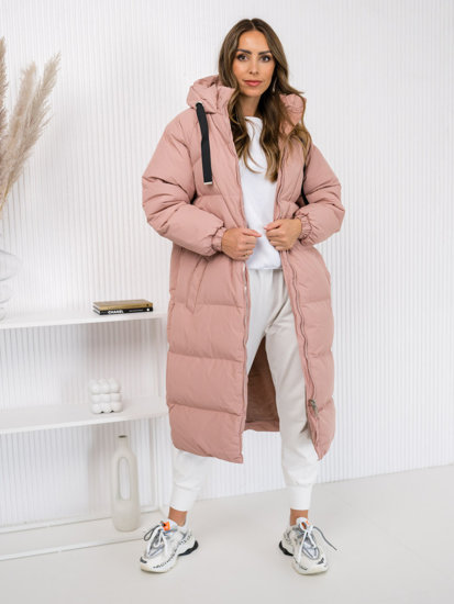 Women's Longline Quilted Winter Coat Jacket with hood Pink Bolf 5M3163