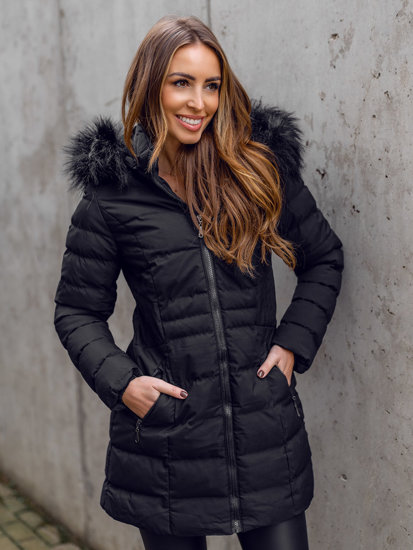 Women's Longline Quilted Winter Jacket Black Bolf 16M9061