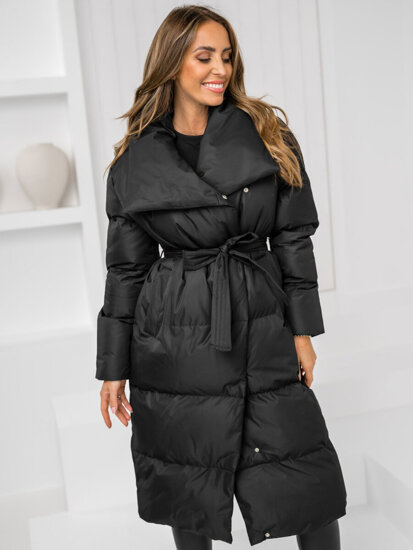 Women's Longline Quilted Winter Jacket Black Bolf 5M737