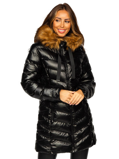 Women's Longline Quilted Winter Jacket with Hood Black Bolf 5M778