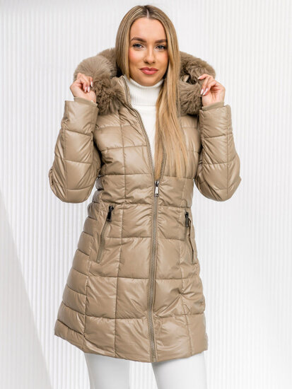 Women’s Longline Quilted Winter Jacket with hood Beige Bolf 16M9120