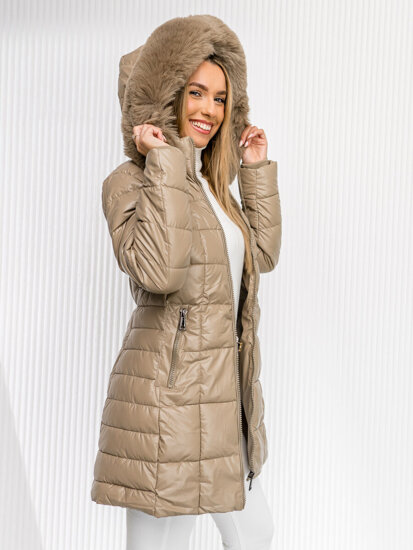 Women’s Longline Quilted Winter Jacket with hood Beige Bolf 16M9120