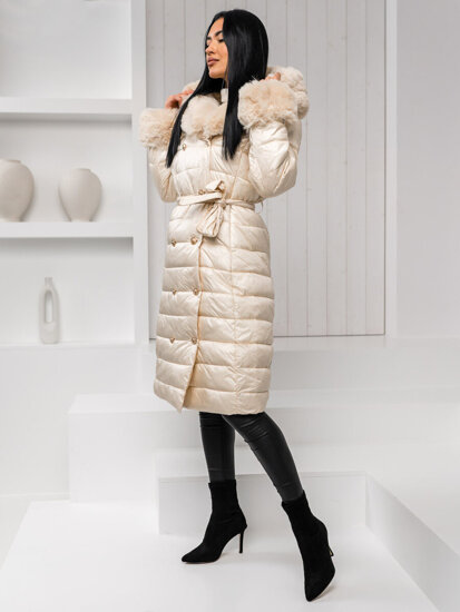 Women's Longline Quilted Winter Jacket with hood Beige Bolf 5M3160