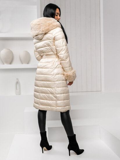 Women's Longline Quilted Winter Jacket with hood Beige Bolf 5M3160