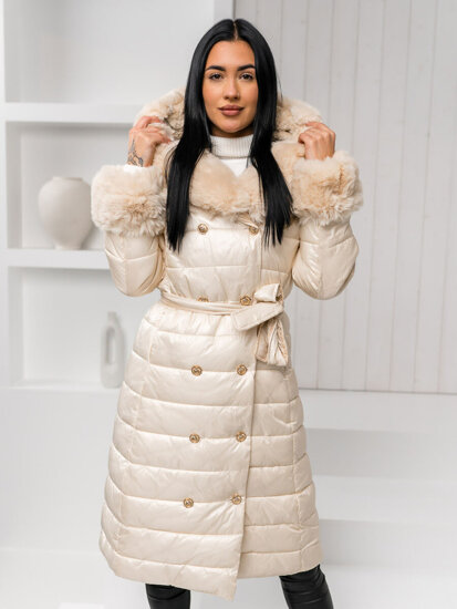 Women's Longline Quilted Winter Jacket with hood Beige Bolf 5M3160