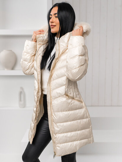 Women's Longline Quilted Winter Jacket with hood Beige Bolf 5M3162