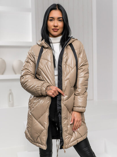 Women's Longline Quilted Winter Jacket with hood Beige Bolf 5M3189