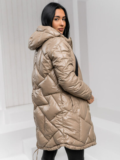 Women's Longline Quilted Winter Jacket with hood Beige Bolf 5M3189