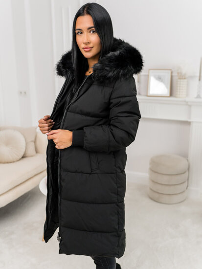 Women’s Longline Quilted Winter Jacket with hood Black Bolf 11Z8082