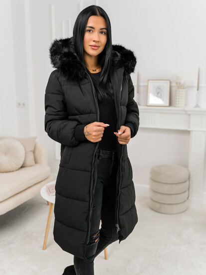 Women’s Longline Quilted Winter Jacket with hood Black Bolf 11Z8082