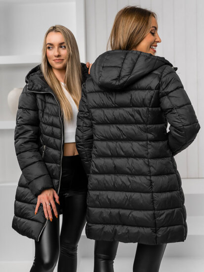 Women's Longline Quilted Winter Jacket with hood Black Bolf 11Z8083A