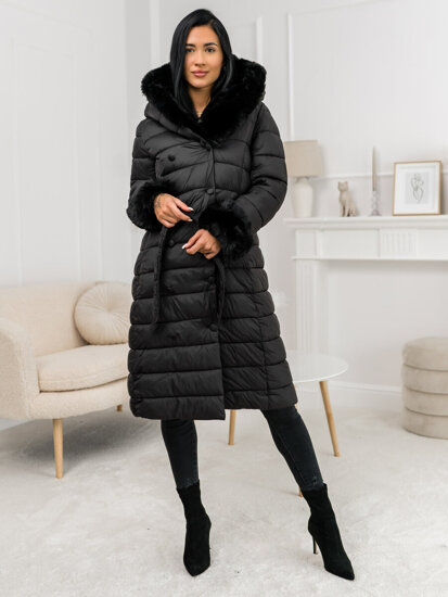 Women’s Longline Quilted Winter Jacket with hood Black Bolf 11Z8095