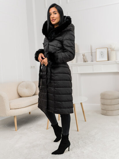 Women’s Longline Quilted Winter Jacket with hood Black Bolf 11Z8095