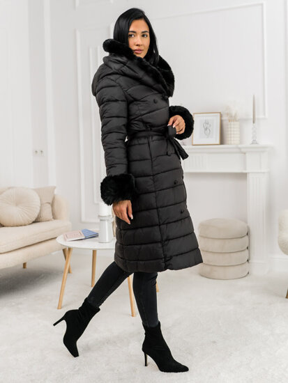 Women’s Longline Quilted Winter Jacket with hood Black Bolf 11Z8095