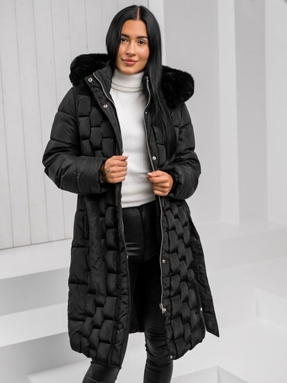 Women’s Longline Quilted Winter Jacket with hood Black Bolf 11Z8179