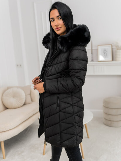 Women’s Longline Quilted Winter Jacket with hood Black Bolf 16M9195