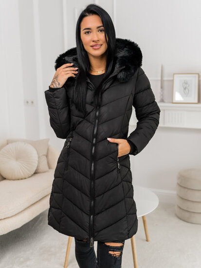 Women’s Longline Quilted Winter Jacket with hood Black Bolf 16M9195