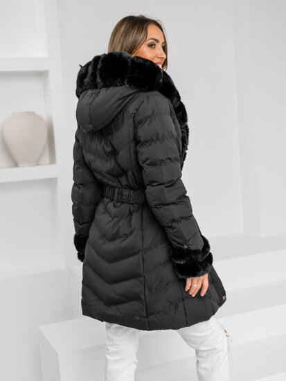 Women's Longline Quilted Winter Jacket with hood Black Bolf 5M3156