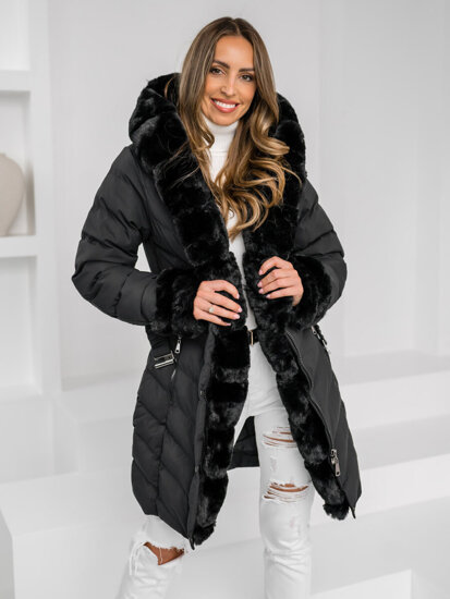 Women's Longline Quilted Winter Jacket with hood Black Bolf 5M3156