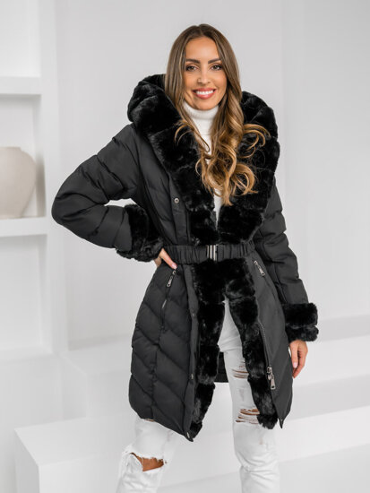 Women's Longline Quilted Winter Jacket with hood Black Bolf 5M3156