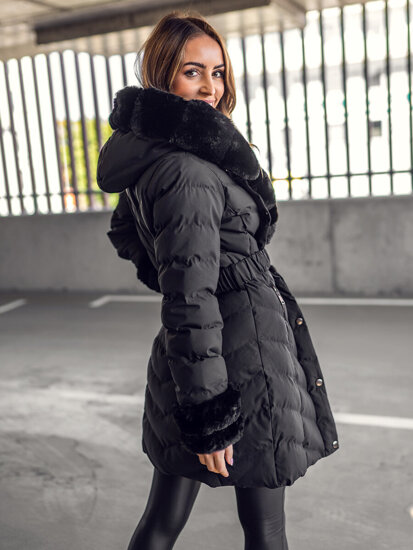 Women's Longline Quilted Winter Jacket with hood Black Bolf 5M3156A