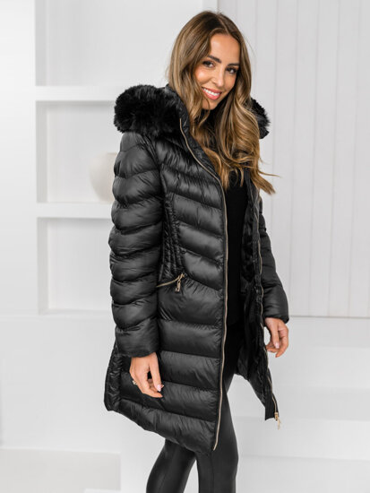 Women's Longline Quilted Winter Jacket with hood Black Bolf 5M3162