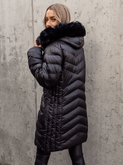 Women's Longline Quilted Winter Jacket with hood Black Bolf 5M3162B